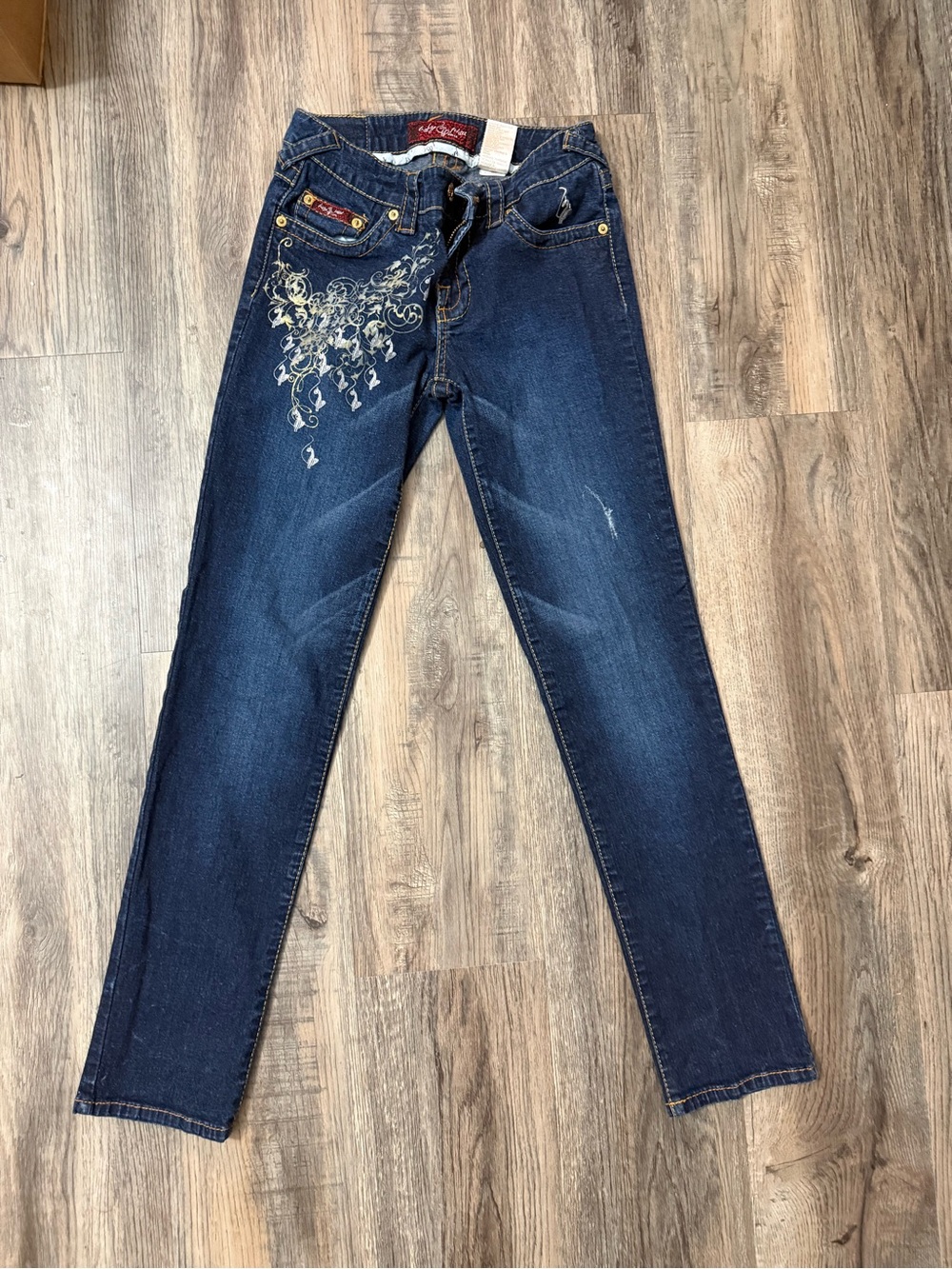 Baby Phat Dark Blue Skinny Jeans with Metallic Embroidered Detail
